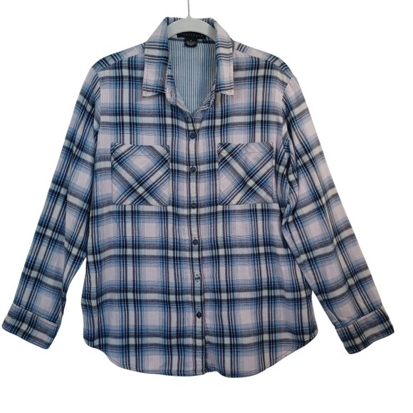 Sanctuary Tops - Sanctuary Plaid Shirt Blue Pink Double Cotton Long Sleeve Boyfriend Womens M